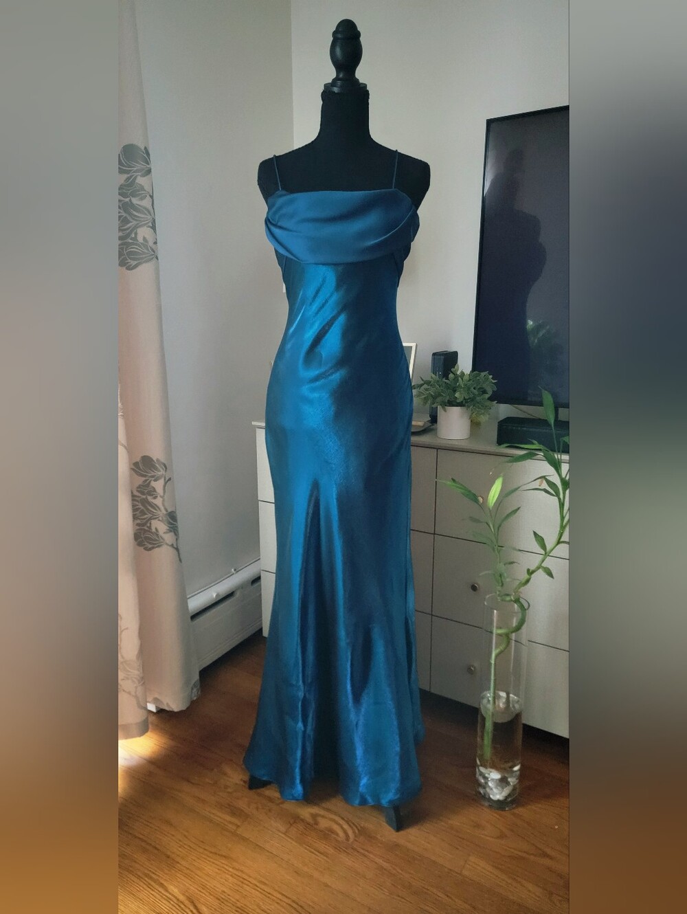 Camille La Vie Teal Satin Cowl Neck Ruffle Mermaid Gown - Size 6